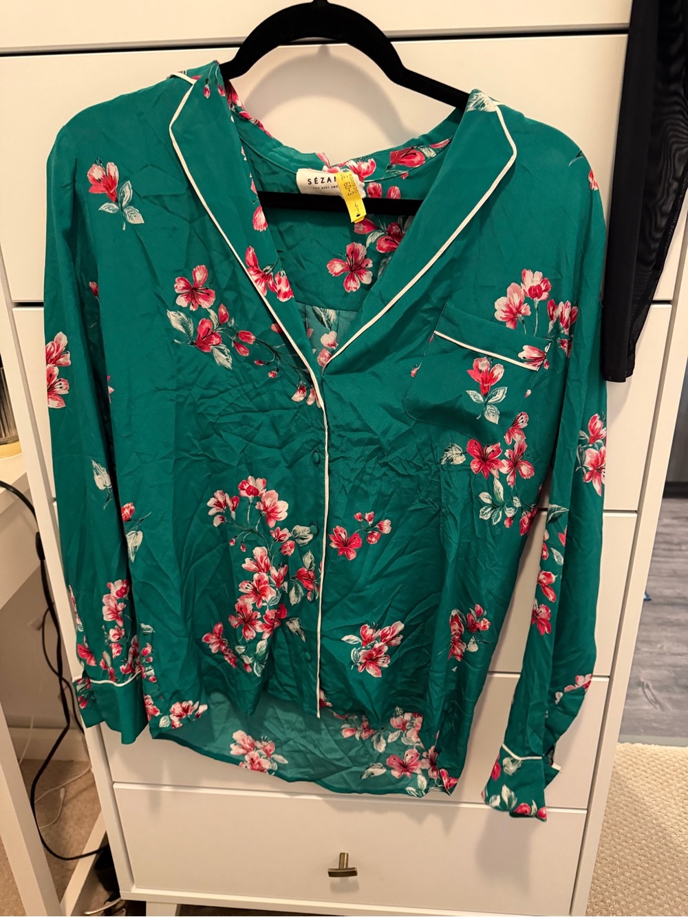 Sezane Teal Floral Button-Down Blouse with Pink Blossoms